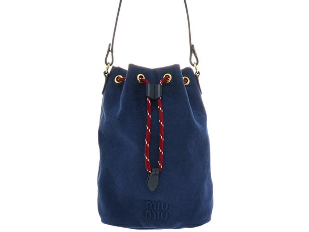 Miu Miu Gabardine Bucket Bag Handbag Canvas Leather Navy Blue